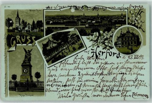 Herford 1899 Münster Kirche Kriegerdenkmal Schützenhof Post Bahnhof Eisenbahn Blumen Gruss Mond