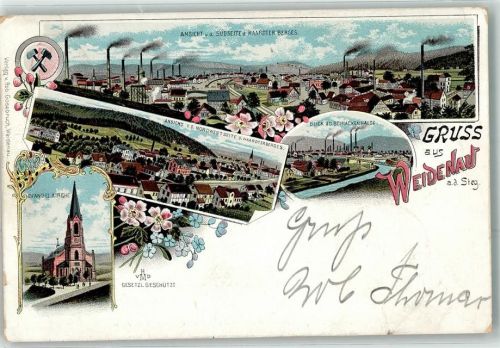 57072 W5900 Weidenau , Sieg 1901 Lithographie Haardter Berg Ev. Kirche Blick v. d. Schlackehalde