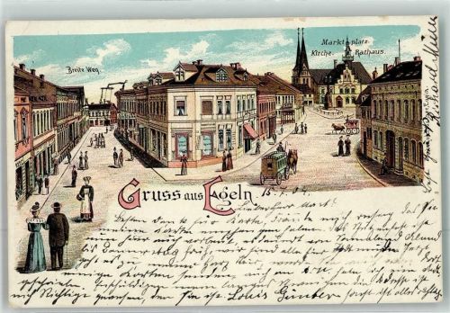 39435 O3253 Egeln 1904 Lithographie Breite Weg Marktplatz Kirche Rathaus Pferdestraßenbahn