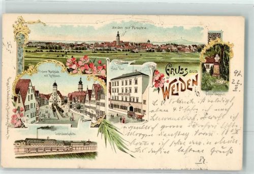 Weiden 1897 Hotel Post Unterer Marktplatz Rathaus Schlör-Denkmal Lithographie