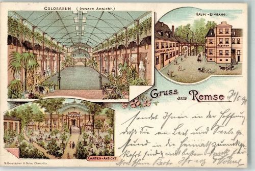 08373 O9611 Remse 1898 Lithographie Colosseum Haupteingang Innere Ansicht Garten