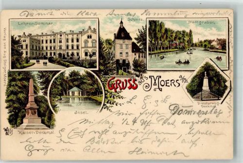 47441 W4130 Moers 1897 Lithographie Diesterweg-Denkmal Kaiser-Denkmal Lehrer-Seminar Stadtgraben