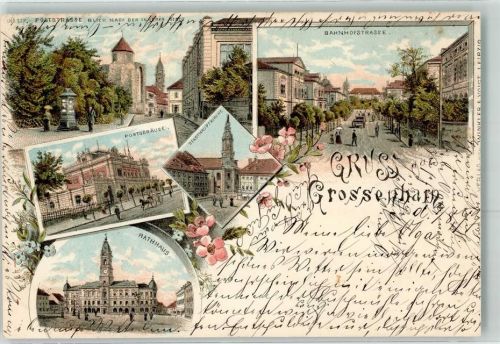 Großenhain 1897 Bahnhofstraße Stadthauptkirche Rathaus Postgebäude Poststraße Gruss Blumen Kutsche