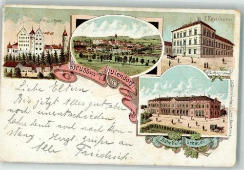 88326 W7960 Aulendorf , Württ 1897 Lithographie Schloß Kirche Gasthaus zum Löwen Bahnhof