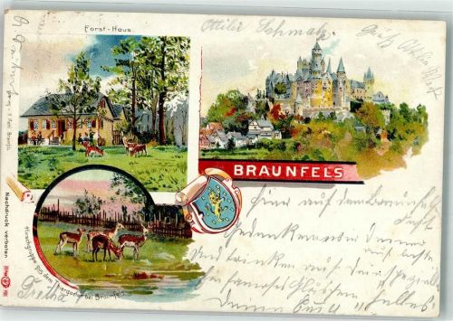 35619 W6333 Braunfels 1899 Lithographie Tiergarten Hirschgruppe Forsthaus Schloß Braunfels Wappen Bahnpoststempel