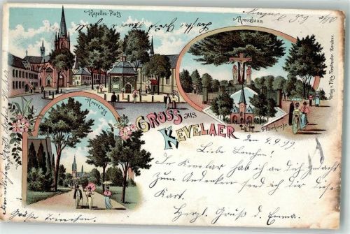 47623 W4178 Kevelaer 1899 Lithographie Kapellen-Platz Kreuzbaum Kreuzweg Pfarrkirche