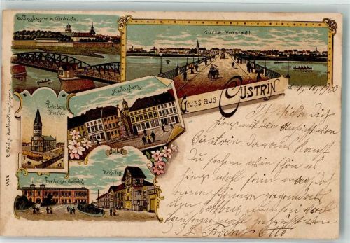 Küstrin Kostrzyn nad Odra 1900 Lithographie Schloskaserne Oderbrücke Kurze Vorstadt Friedenskirche Marktplatz Freiburger Bahnhof Kaiserl. Postamt