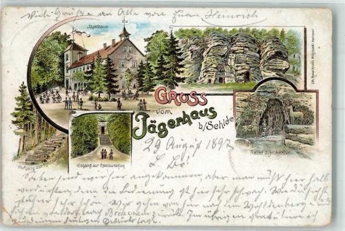 38279 W3328 Sehlde b Salzgitter 1897 Gebrauchsspuren Gasthaus Jägerhaus Gasthauseingang Reiter St. Hubertus Lithographie