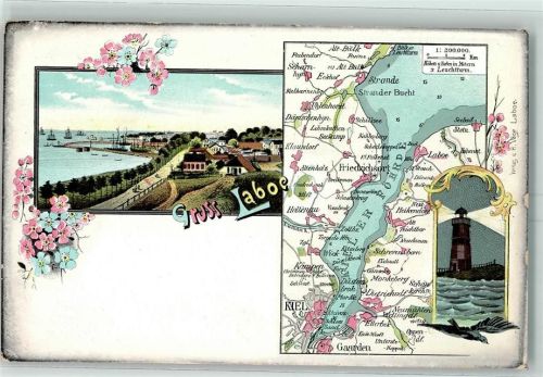 24235 W2304 Laboe Lithographie Landkarte Leuchtturm