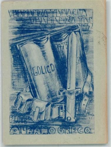 Zeichnung eines italinischen Koppelgeschirres mit Bajonett Vaterländischer Spruch von König Vittorio Emanuele Besetzung von Albanien und Griechenland Zensurstempel