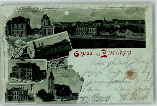 04442 O7114 Zwenkau 1900 Lithographie / Mondschein Pegauer Platz Marktstraße Schule Rathaus Kirche Kriegerdenkmal