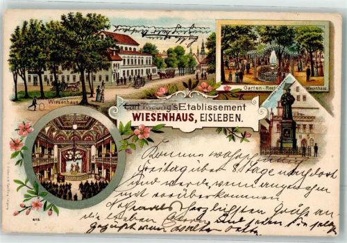 06295 O4250 Lutherstadt Eisleben 1903 Gebrauchsspuren Etablissement Wiesenhaus Garten-Restaurant Bühnensaal Luther-Denkmal Lithographie