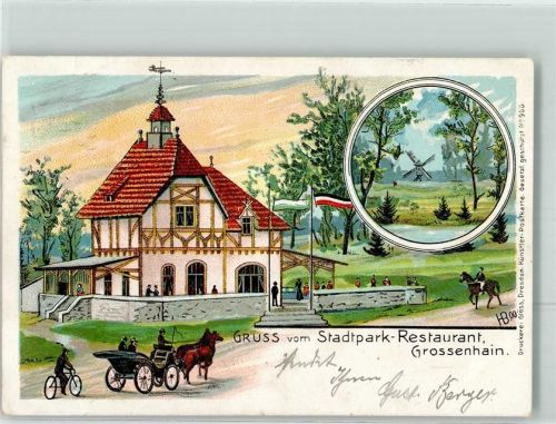 Großenhain 1900 Stadtpark-Gasthaus Kutsche Reiter Windmühle sign. HB