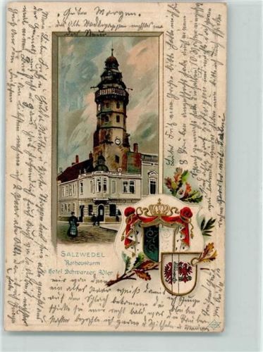 Salzwedel 1902 Rathausturm Hotel Schwarzer Adler Wappen