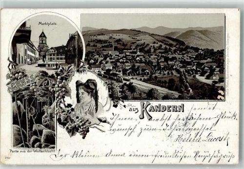 79400 W7842 Kandern 1901 Lithographie Volkstracht An der Wolfschlucht Marktplatz Bahnhof