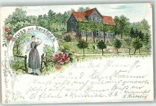 36251 W6430 Bad Hersfeld 1900 Lithographie Müller´s Felsenkeller Tracht Frau Blumen