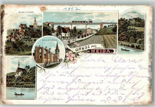 Weida 1897 Wiedenkireche-Ruine Schloß Osterburg Obschütztal-Viadukt Bahnpost Leipzig