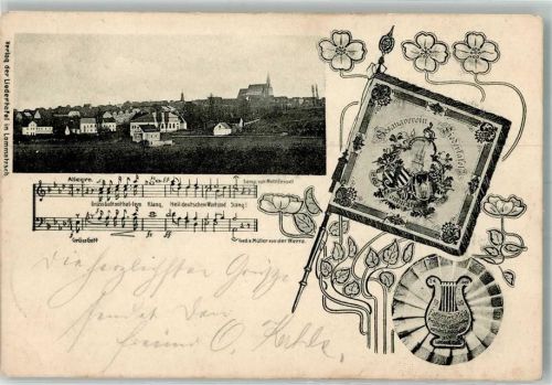 01623 O8260 Lommatzsch 1900 - Gesangverein Liederstaffel Noten Lyra-Wappen "Fahnenweihenfest" Ort lt. Verlag