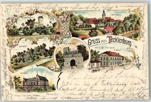 Tecklenburg 1901 Hotel zu den Drei Kronen Landratsamt Hexenküche Altes Schloßtor Lithographie