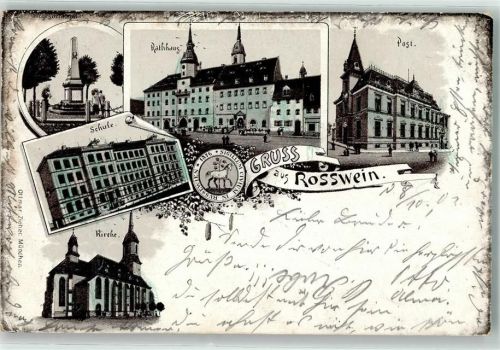 04741 O7304 Roßwein 1901 Lithographie Schule Rathaus Siegesdenkmal Post Kirche Verlag Ottmar Zieher-München