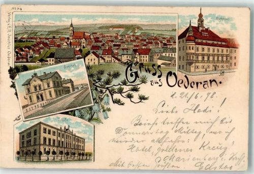09569 O9388 Oederan 1898 Lithographie Bahnhof Schule Rathaus