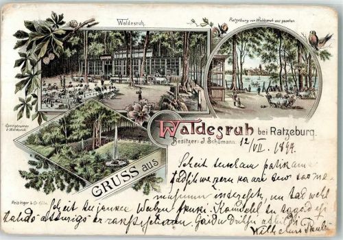 Ratzeburg 1899 Gasthaus Waldesruh Garten Springbrunnen Lithographie