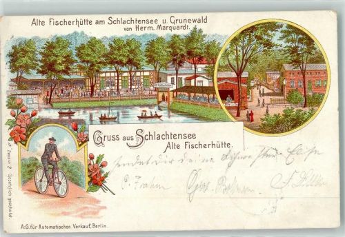 10115 W1000 Steglitz 1899 Lithographie Gasthaus Alte Fischerhütte am Schachtensee Gartenwirtschaft Radfahrer