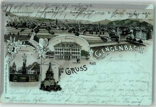 Gengenbach 1901 Marktbrunnen Rathaus Nikolaus-Turm Bahnpost Konstanz-Offenburg