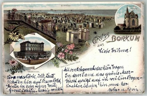 Borkum 1895 Vorläufer Strand Villa Bodeewes Strandkörbe Kath. Kirche