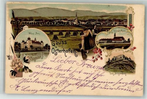 94486 W8353 Osterhofen , Niederbay 1898 Lithographie Schloss Moos Damenstift-Kloster Bäuerinnen Burg Heilgartsberg Verlag Ottmar Zieher-München