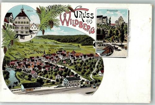 72218 W7277 Wildberg , Württ Gebrauchsspuren Lithographie Rathaus Bahnhof Klosterbrücke Tannenzapfen