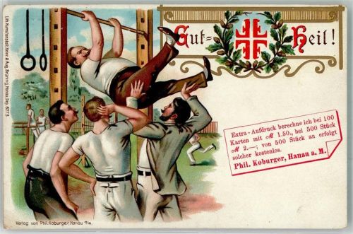 W6450 Hanau Turner an der Stange Gut Heil Verlags Werbung Phil. Koburger Turnen 1900