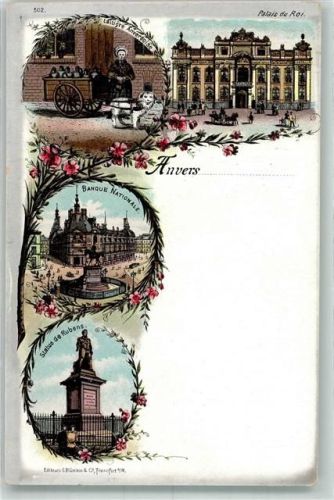 Antwerpen Anvers Lithographie Denkmal Rubens Bankgebäude Hundekarren Schloss