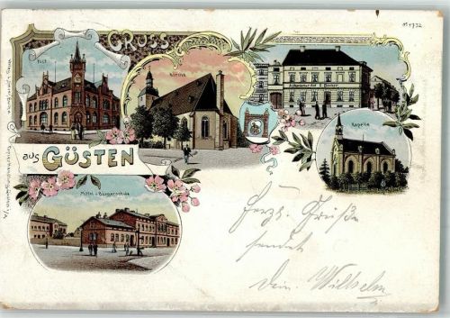 39439 O3256 Güsten , Anh 1897 Gebrauchsspuren Lithographie Post Mittel u. Bürgerschule Kirche