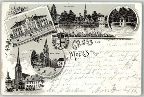 Moers 1898 Lithographie Gymnasium Kath. Kirche Insel