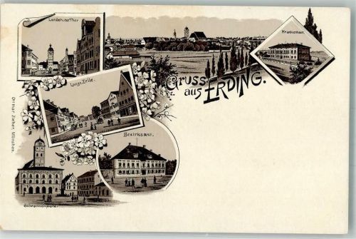 85435 W8058 Erding Lithographie Landshuter Tor Lange Zeile Schrannenplatz Krankenhaus Verlag Ottmar Zieher-München