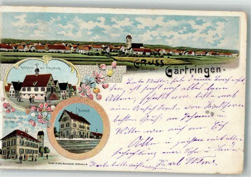 Gärtringen 1902 Lithographie Rathaus Bahnhof Pfarrhaus beschnitten