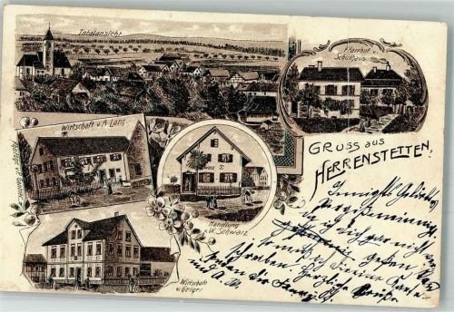 Herrenstetten 1908 Lithographie Gasthaus A. Lang Schulhaus Mittelbug