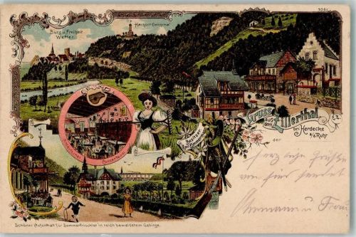 Herdecke 1909 Gasthaus Zillertal Altdeutscher Konzertsaal Trachtenmädchen Harkfort-Denkmal Burg Wetter Bahnpost Hagen-Dortmund Zug 407