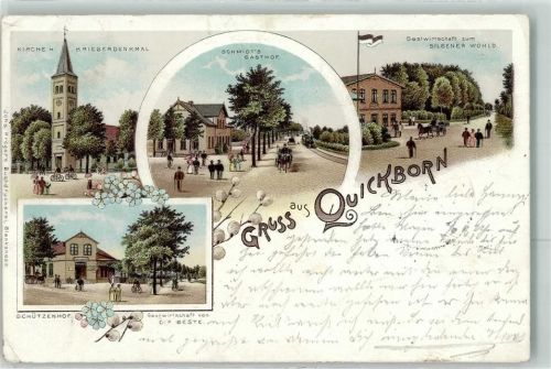 25451 W2085 Quickborn , Kr Pinneberg 1898 Lithographie Bahnpost Altona Kaltenkirchen Zug 8 10.7.98 Marienkirche Kriegerdenkmal Gasthaus Bilsener Wohld Gasthaus Schützenhog Schmidt`s Gasthaus