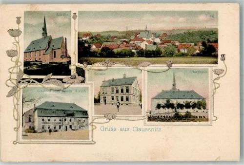 09236 O9113 Claußnitz b Chemnitz, Sachs - Pfarrhaus Schule Gasthaus zum Roten Hirsch