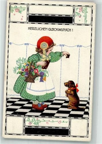 1914 sign. August Patek Glückwunsch Hund Lebkuchen Kind Verlag Brüder Kohn Serie 633-3