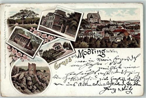 2340 Mödling 1898 Lithographie Breite Föhre Cursalon Husarentempel Schwarzer Turm