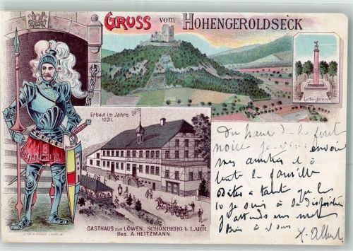 77960 W7633 Schönberg , Kr Lahr, Schwarzw 1902 Gebrauchsspuren Ludwigstein Hohenheroldseck Gasthaus zum Löwen Ritter Lithographie