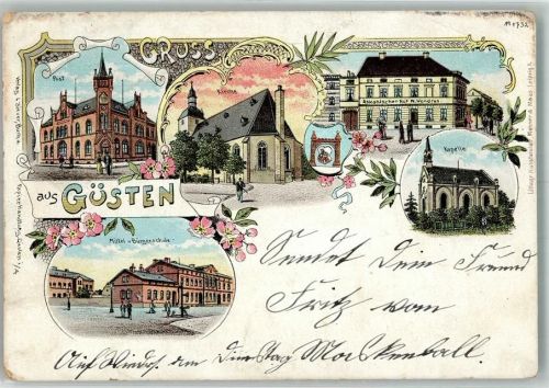 Güsten 1900 Lithographie Post Mittel u. Bürgerschule Kapelle