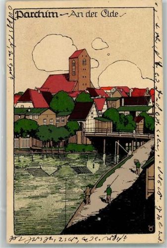 19370 O2850 Parchim Künstlersteindruck An der Elde Angler