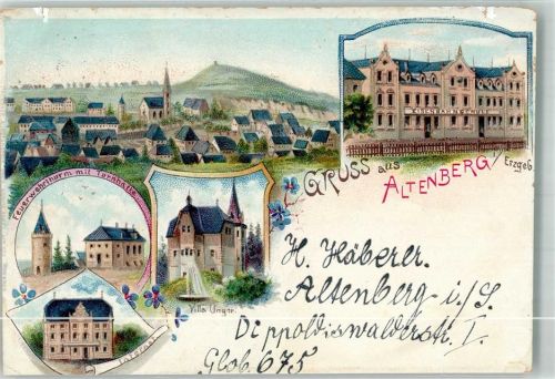 Altenberg Lithographie Internat Feuerwehrturm Turnhalle Villa Unger beschnitten