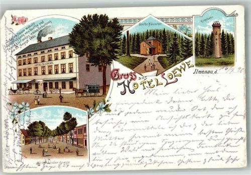 98693 O6300 Ilmenau , Thür 1898 Gebrauchsspuren Lithographie Hotel Loewe Lindenstrasse Goethe-Häuschen Kickelhahn-Turm