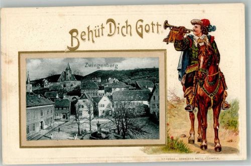 Zwingenberg 1902 Passepartout Zwingenberger Dorfplatz Trompter Pferd