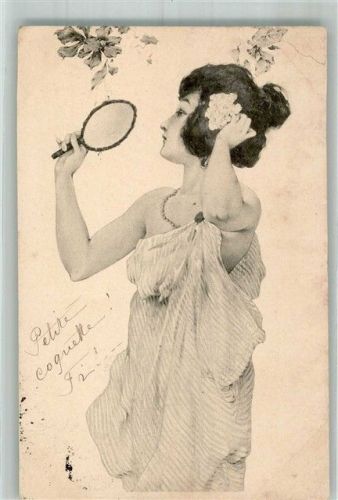 1903 Jugendstil Kokette mit Handspiegel Leim löst sich